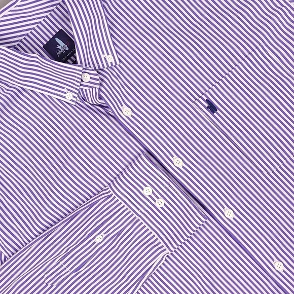 Johnnie-O Shirt Mens XL Purple White Stripe Button Down Bamboo Stretch Pocket - Picture 1 of 11